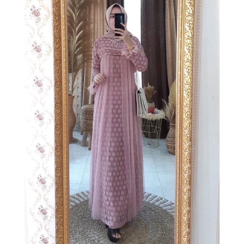 Gamis motif sakura combi tile mutiara dada/Gamis kondangan formal/Gamis