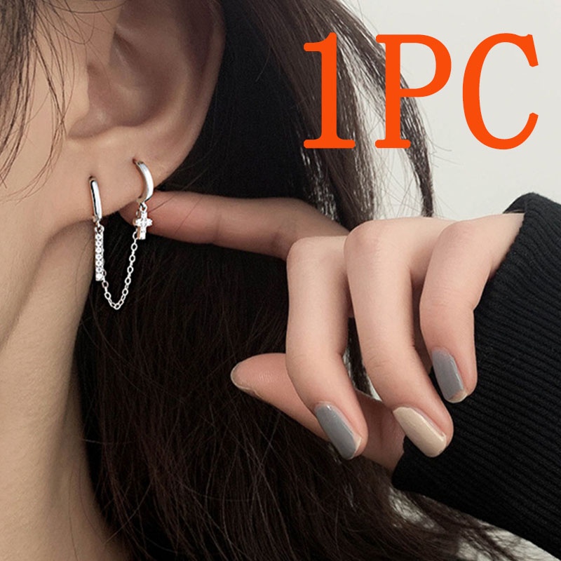 S925 Silver Five-pointed Star Cross Tassel Zircon Hollow Solid AB Asymmetrical Ear Stud Earrings Hip Hop Punk Jewelry Gift