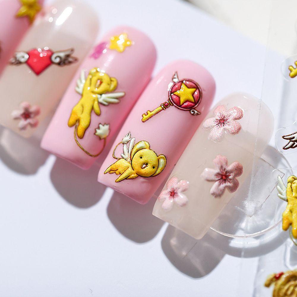 [Elegan] Kartun Stiker Kuku Wanita 3D Relief Smiley Dinosaurus Sakura Perekat Diri DIY Nail Art Dekorasi