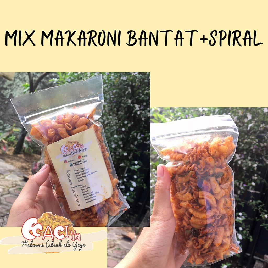 

Makaroni Cikruh(Kaciya) Makaroni mix bantat spiral berat 100gr aneka rasa dan pedas custom
