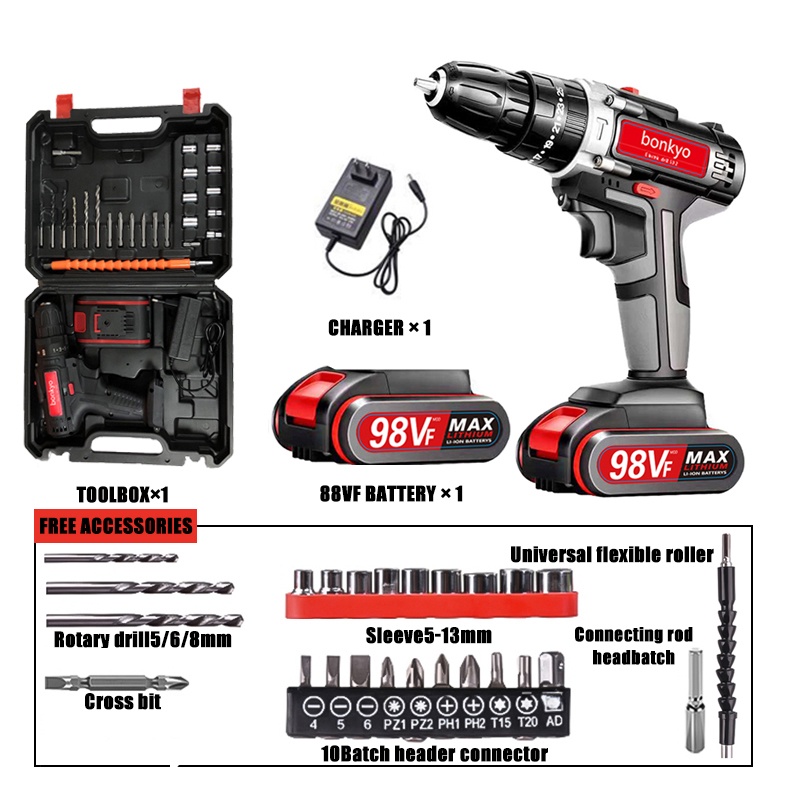bonkyo 98VF  Bor baterai / Bor Tanpa Kabel / Bor Listrik 98Vf / Bor Listrik Set / Bor Tangan Listrik / mesin Bor baterai