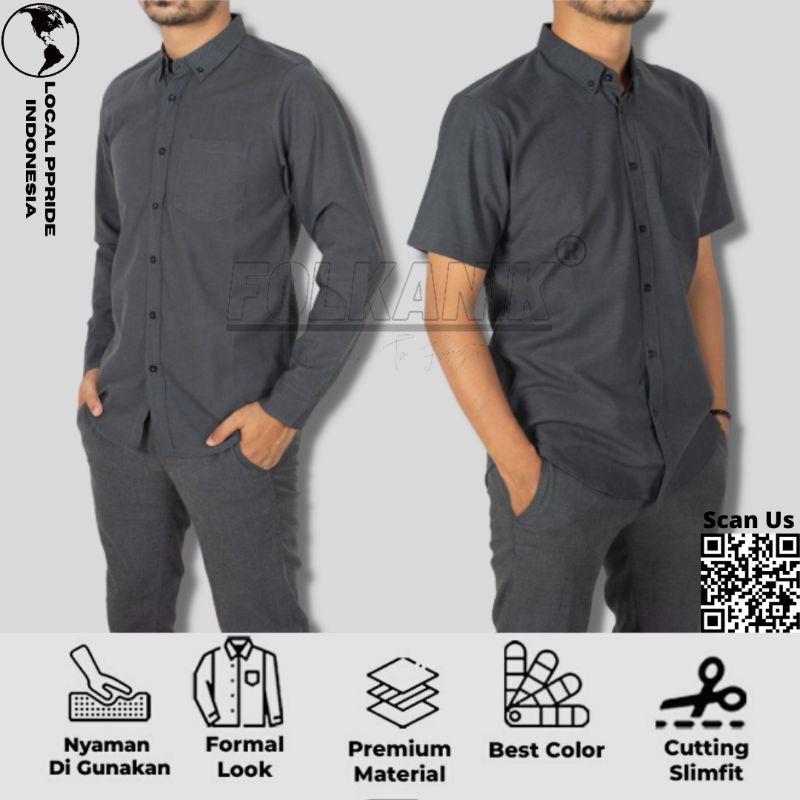 Kemeja Polos Pria Lengan Panjang Pendek Katun Hem Slimfit Formal Warna Abu Abu-abu Abu2 Abu Tua Dark