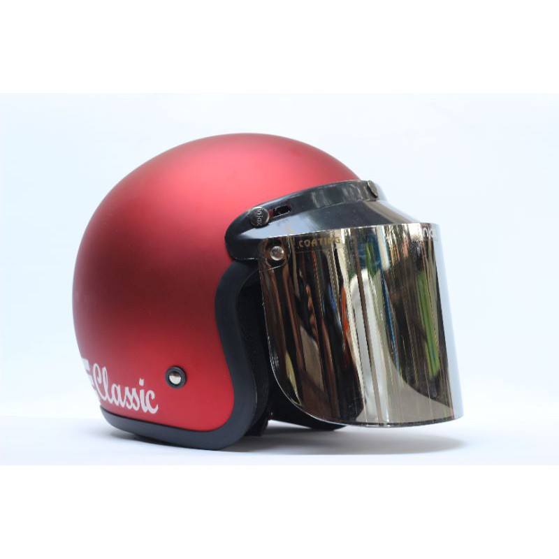 Helm bogo merah doff kaca datar silver