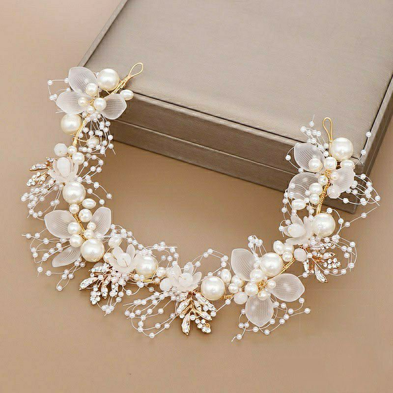 FerenHongXia I Hijab juga bisa | Wind New Bridal Flower Faux Pearl Crystal Hand-woven Golden Leaves