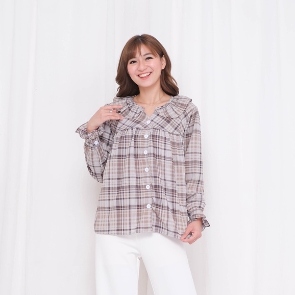 Atasan Kemeja Blouse Crinkle ATS Kotak Tartan