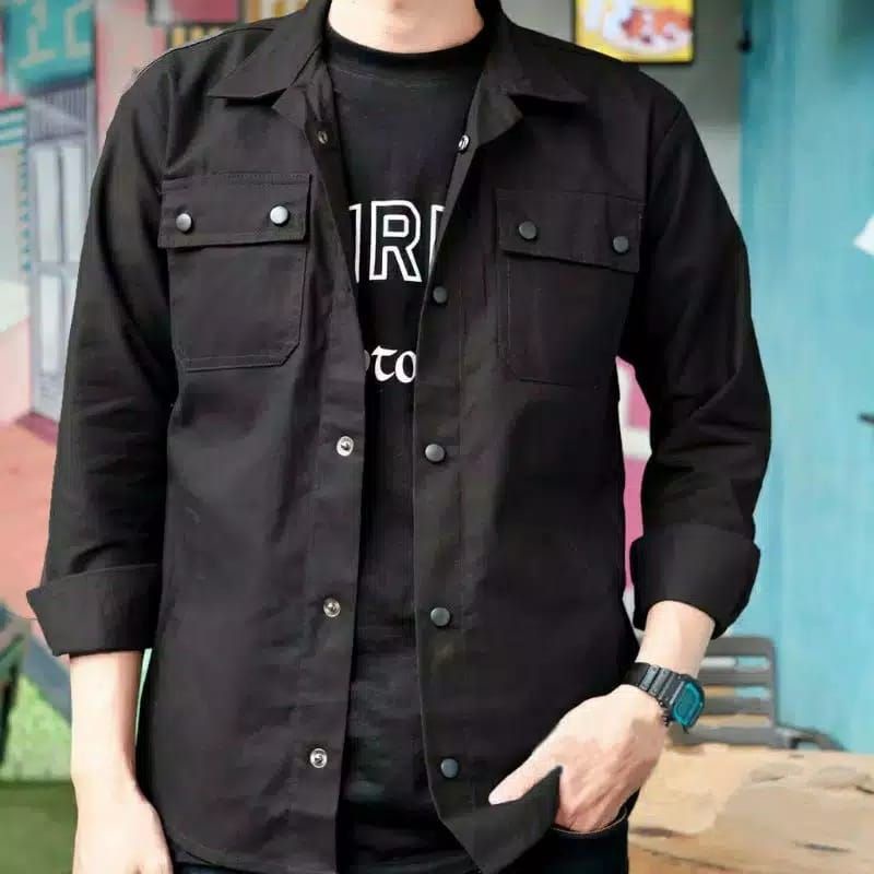 Jaket Semi Parka Canvas Kancing Hitam Premium-Jaket Pria