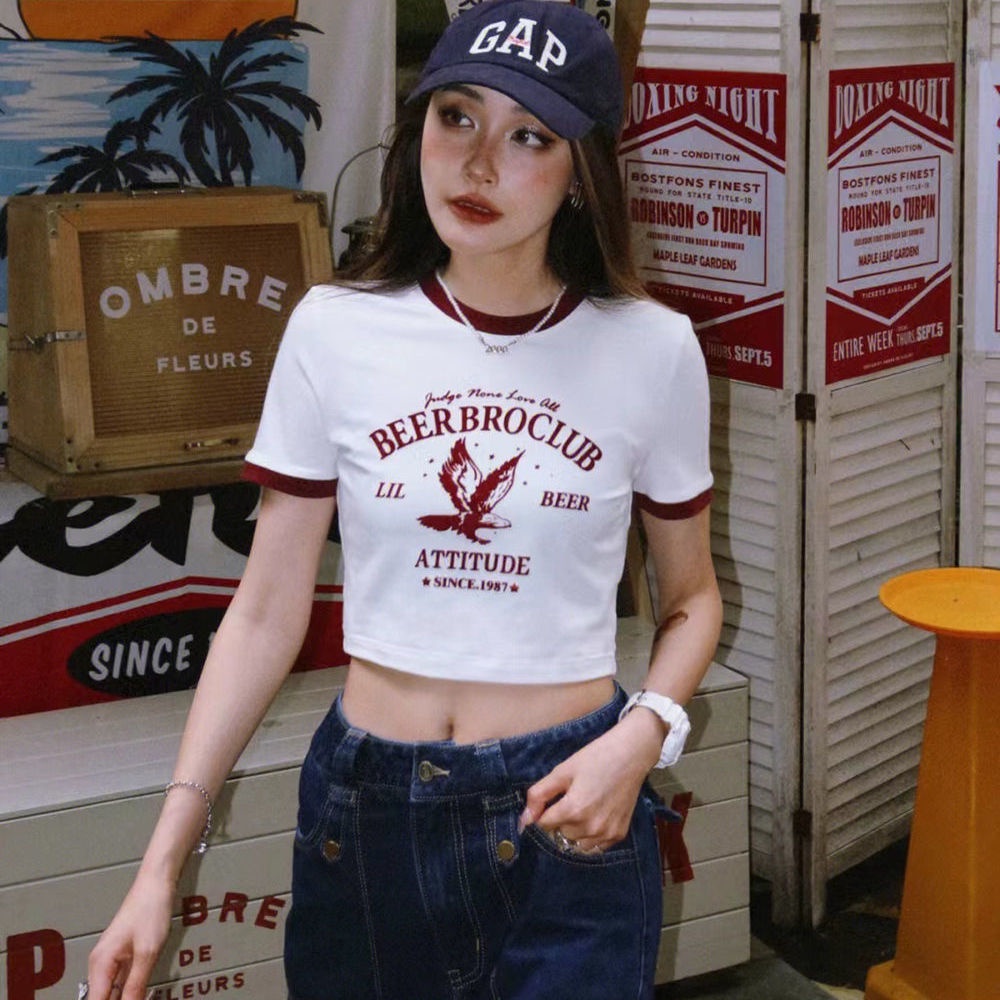 BeerBro American retro ketat warna kontras manset kerah lengan pendek T-shirt hot girl cropped pusar