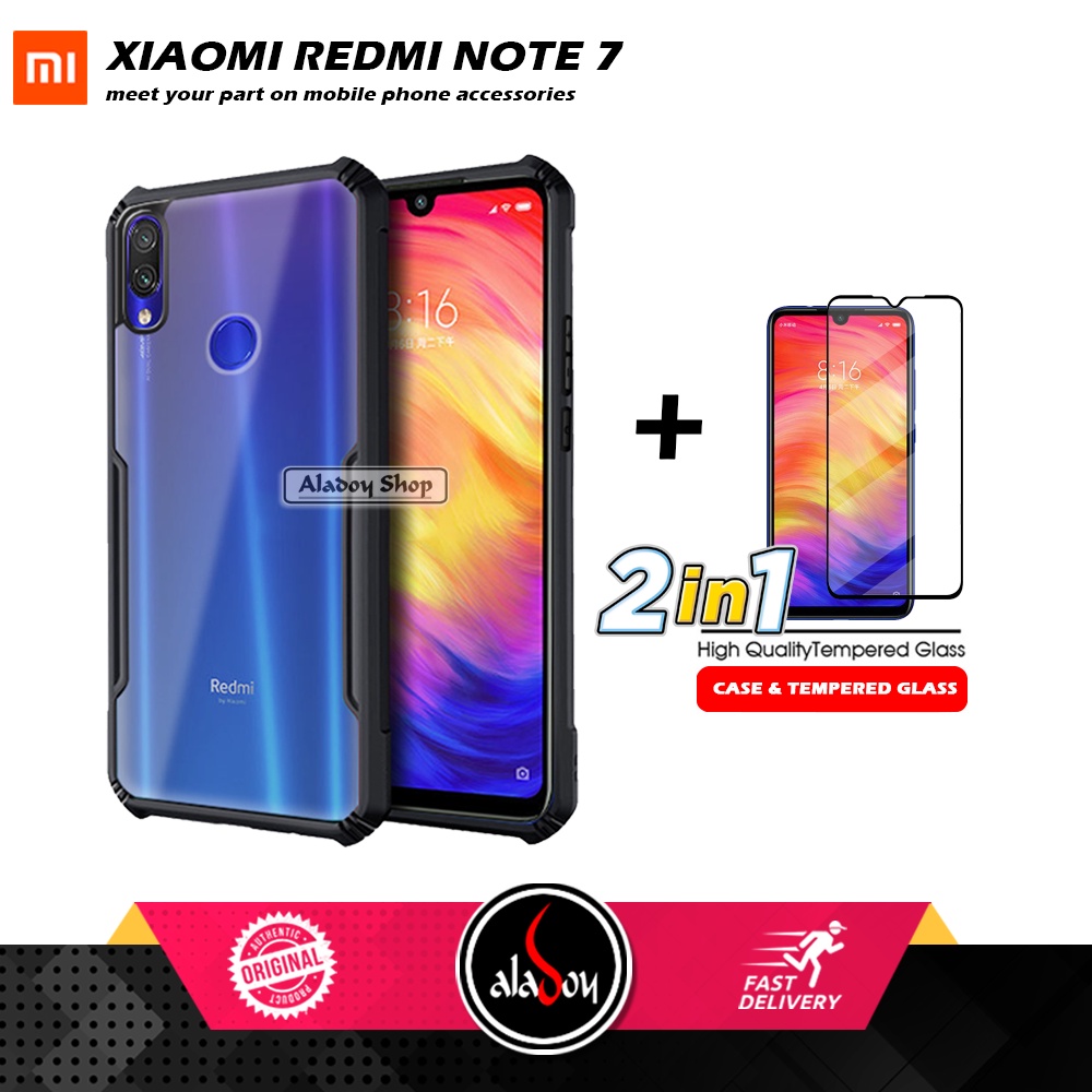 PAKET 2 IN 1 Case Xiaomi Redmi Note 7 Armor Fusion Transparent Prmium Casing Free Tempered Glass