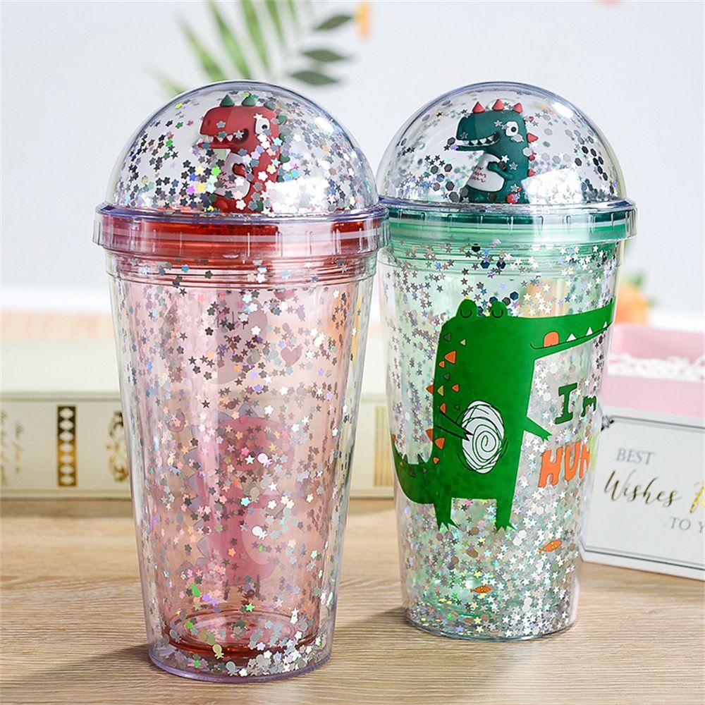 R-FLOWER Hadiah Cangkir Air Dinosaurus 450ml Reusable Dengan Sedotan Drinkware