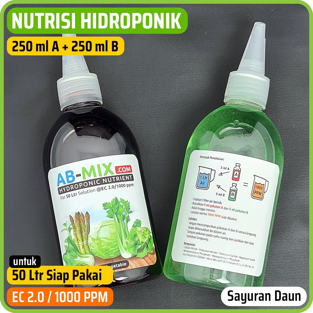 Nutrisi Hidroponik AB Mix Cair 250 ml untuk 50 Ltr @ EC 2.0 / 1000 PPM