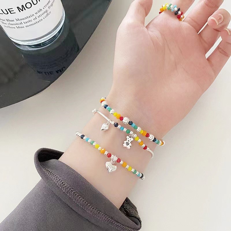 Gelang Manik-Manik Bahan Metal Warna Pelangi Desain Awan Hati Beruang