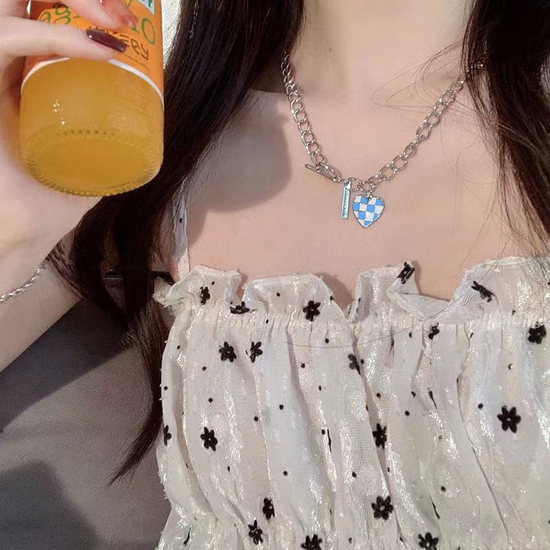 Korea Checkerboard Love Pendant Hollow OT Chain Necklace Female Bracelet