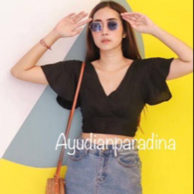 TOP SELENA  V NECK BLOUSE PUFFY TOP CROP TOP