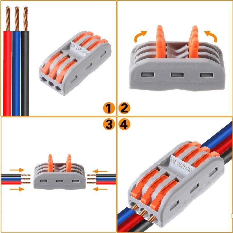 Terminal Paralel 3 ke 3 Wire Line Sambungan  Konektor Connector Jalur Kabel Cage Clamp