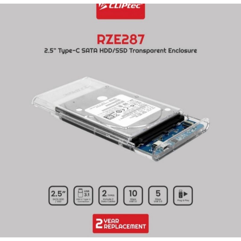 CASING HDD/SSD 2.5 Inch SATA TYPE-C USB 3.0 Transparan Cliptec RZE287