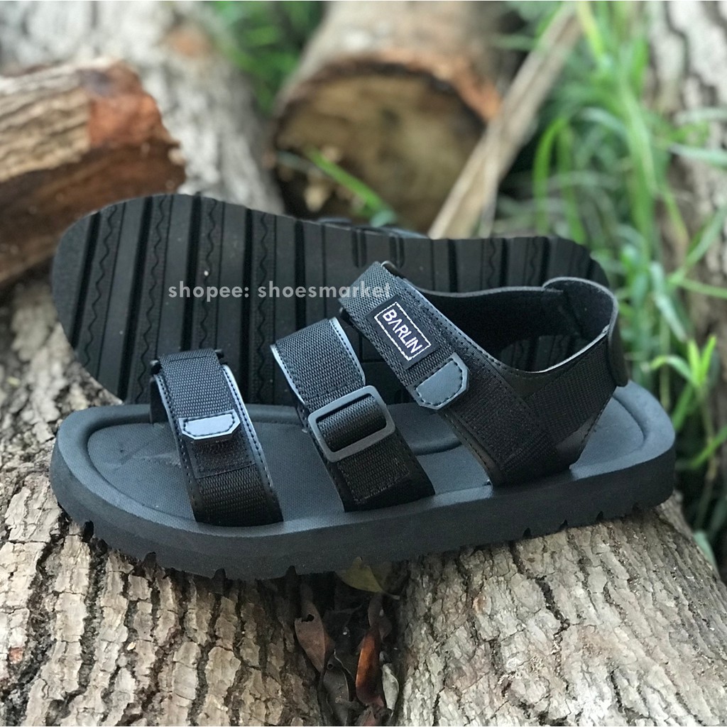 BISA BAYAR DITEMPAT (COD) SANDAL GUNUNG PRIA ALL BLACK CASUAL SENDAL ORIGINAL BARLIN