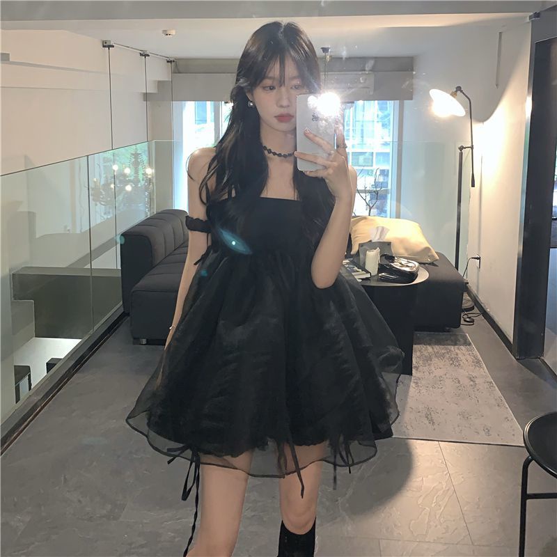 dress korean style dark suspender dress retro high waist French a-line short skirt fairy summer