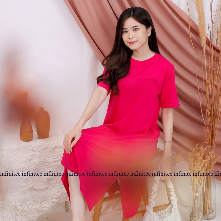 Dress Wanita Midi Polos Bahan Katun Slit Dress Korea Dress Kasual