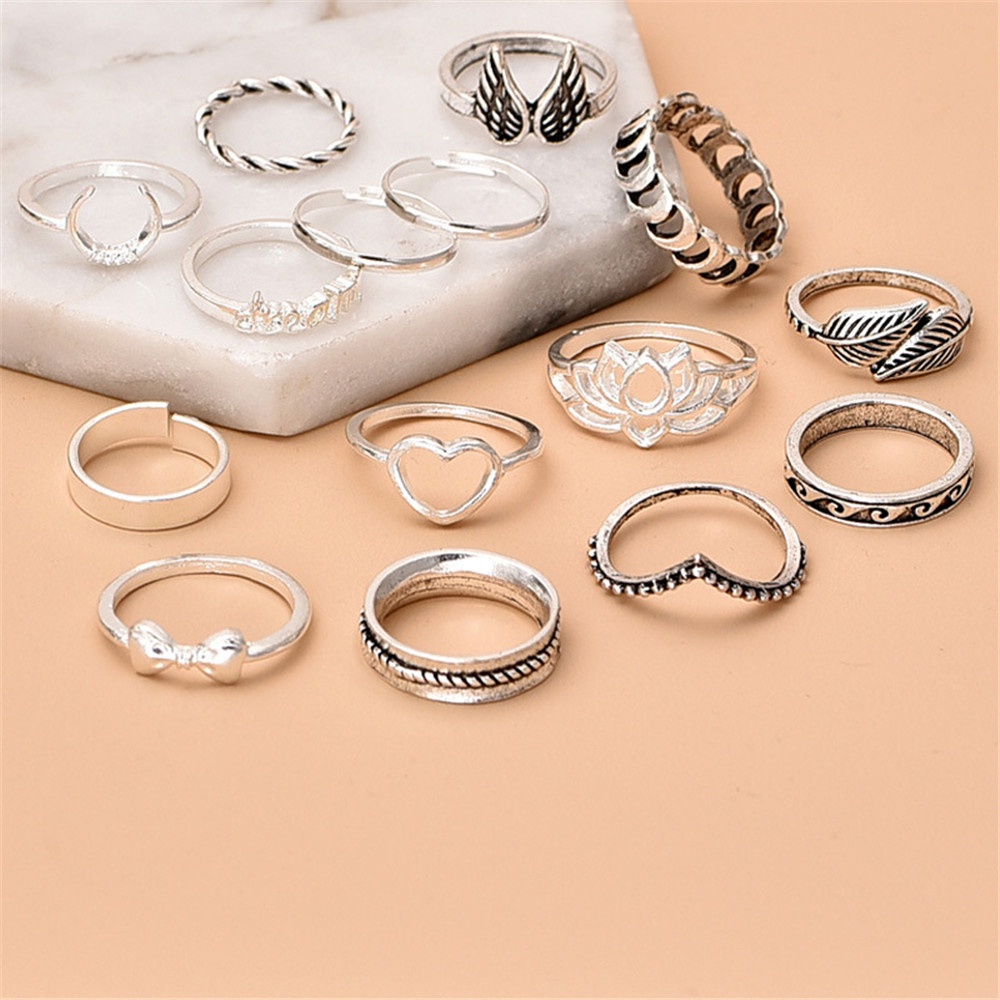 【COD Tangding】15pcs/set Bohemian Style Vintage Silver Bow Lotus Wing Leaf Feather Heart Combination Ring Fashion Accessories Jewelry