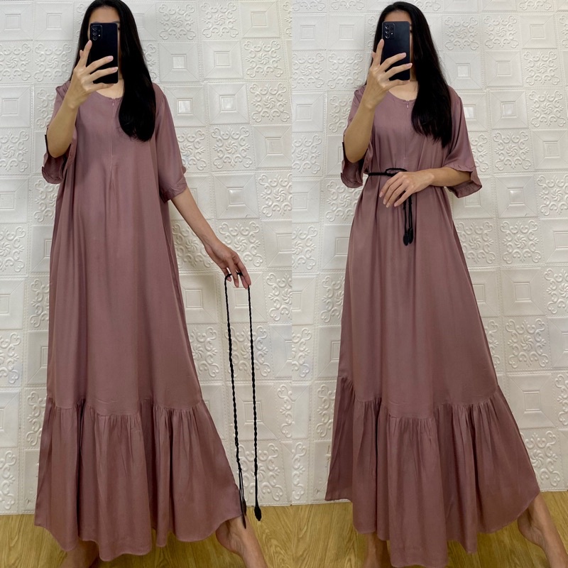 daster MONA tangan 3/4 PB 130cm /daster panjang rempel tangan 3/4  JUMBO premium sleting /busui/rempel tangan 3/4/ tangan pendek/ tali grosir ecer SEMATA KAKI RAYON-dusty