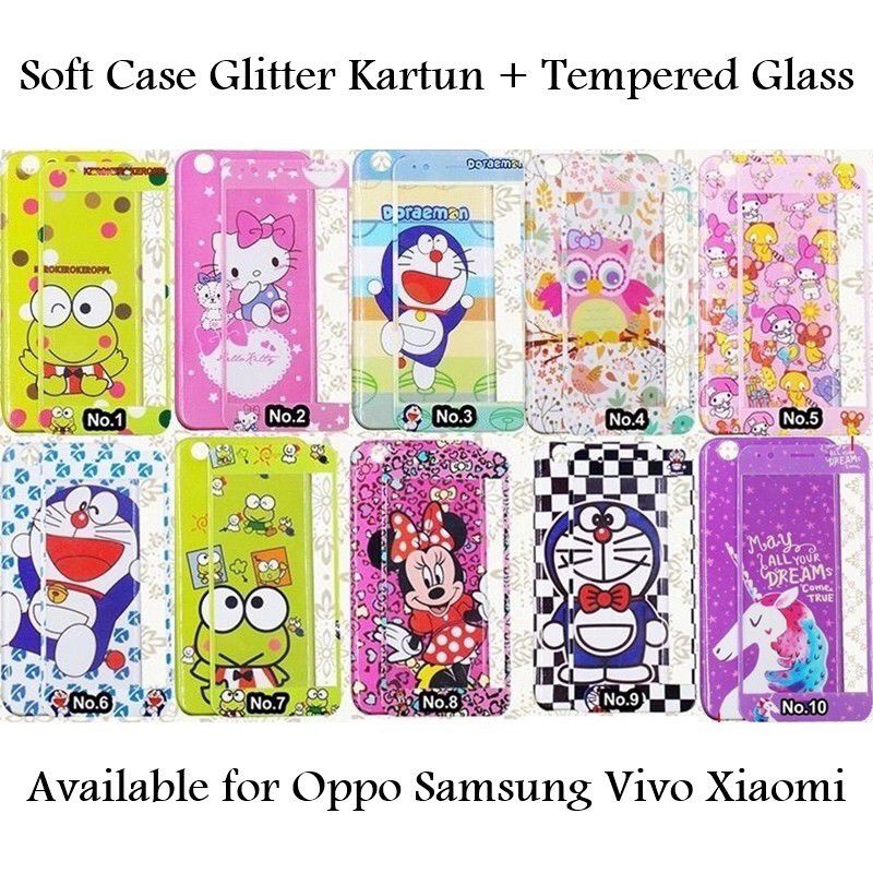 Case + Tempered for HP SAMSUNG A6 A6+ J4 J6 J7Duo OPPO F7 VIVO V7+ V9 Y65 Y83 XIAOMI REDMI 6X /Mi A2 REDMI NOTE5Pro  Jelly Gliter + Tempered