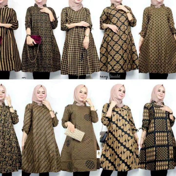 Terbaru.. Tunik Batik Lawasan Coklat Soloan Seragam Kantoran Baju Cewek Varian Motif Trendy Kekinian