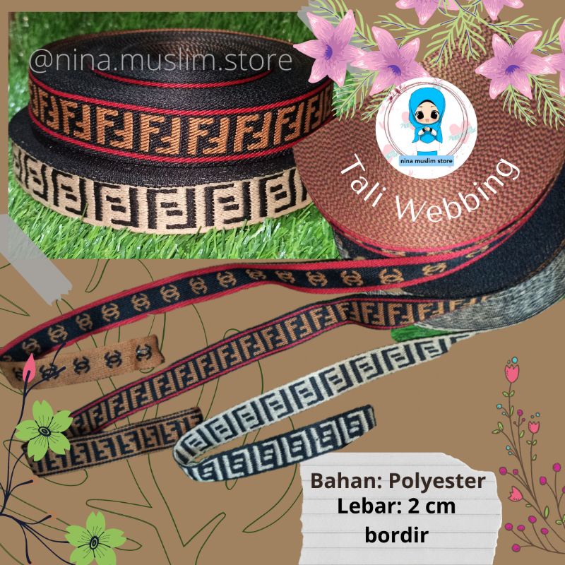 Pita tali Webbing Polyster motif 2cm Bordir