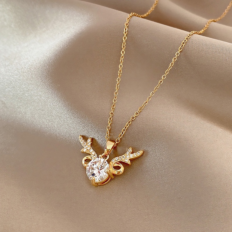 COD❤️Kalung Titanium Wanita Anti karat Lapis Emas 18k Berlian Perhiasan Baja Ganda C Huruf Kalung Berlian Sederhana Serbaguna Rantai Klavikula Indah-A.one