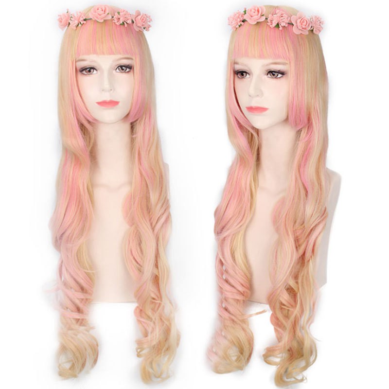 LOL-46 wig rambut palsu daily lolita cosplay panjang gradasi pink kuning wavy