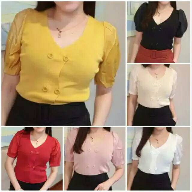 Korean Style V Neck Button Blouse Blus Atasan Wanita Fashion Korea Impor Murah