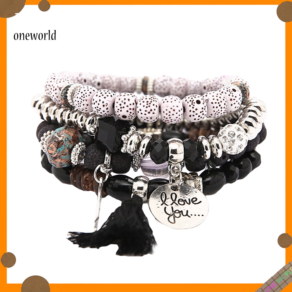 Oneworld Gelang Manikmanik Batu Alam Multilayer Aksen Rumbai Gaya Bohemian Untuk Wanita