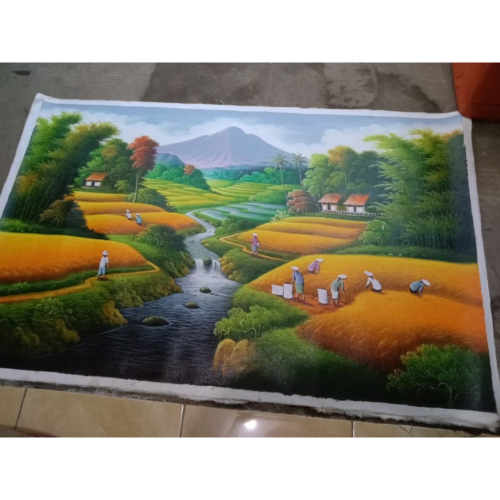 Lukisan pemandangan sawah panen #1
