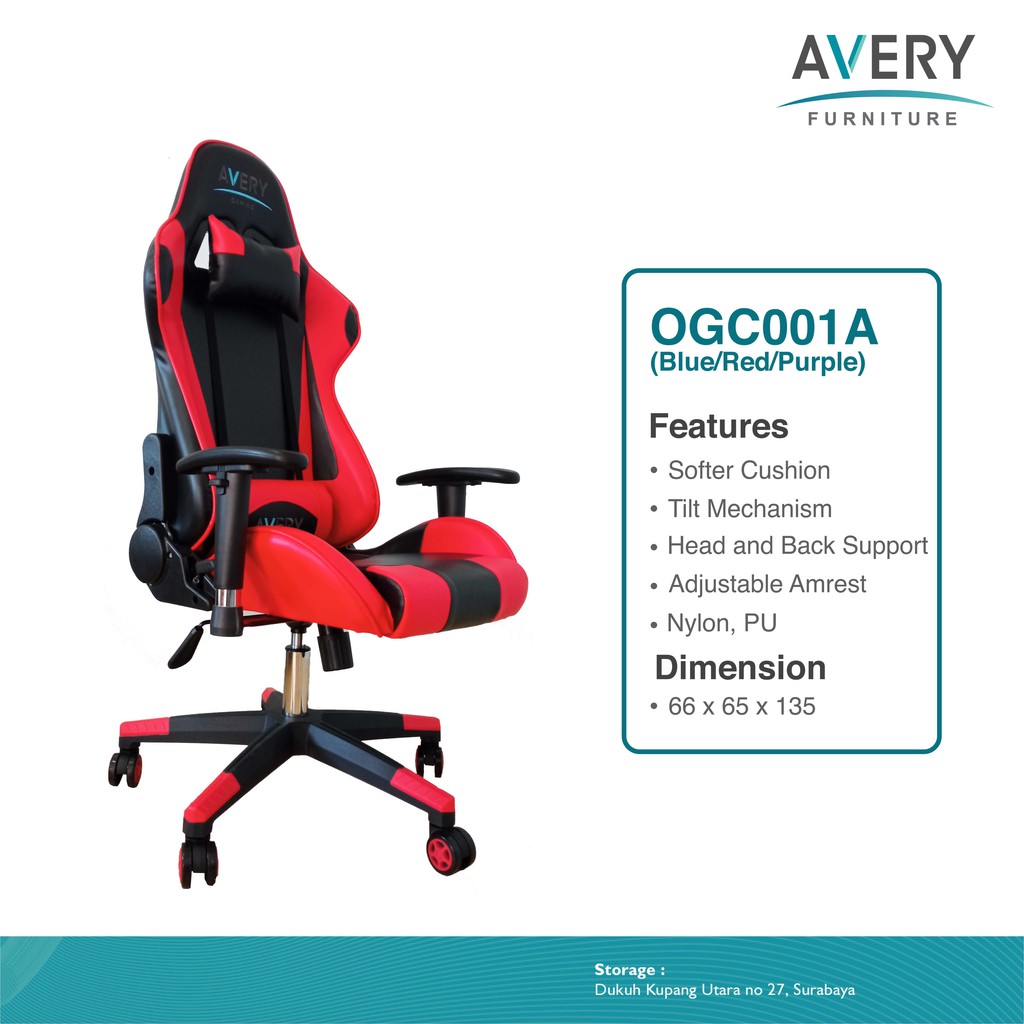 Avery - OGC001A - Kursi Gaming Premium Quality Back Support Blue / Red / Purple