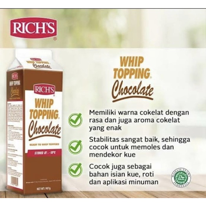 

WHIPPING CREAM RICH TOPPING CHOCOLATE 907gr (KHUSUS GOSEND & GRAB)