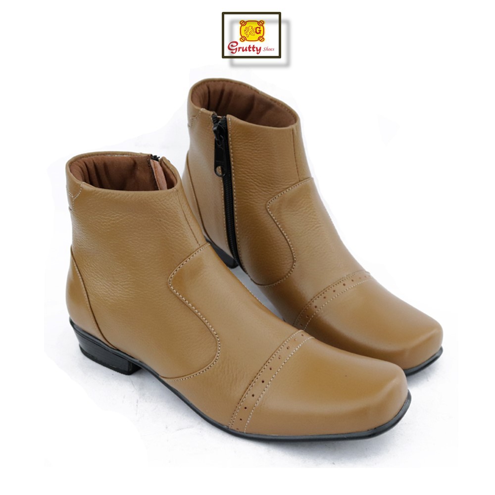 Sepatu boots wanita kulit pantofel kerja wanita Grutty DD203 Tan