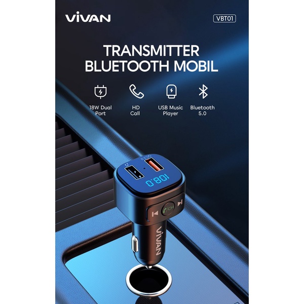 Vivan VBT01 Car Bluetooth Transmitter Charger 18W USB Music Player / Car Charger Fast Charging 18W
