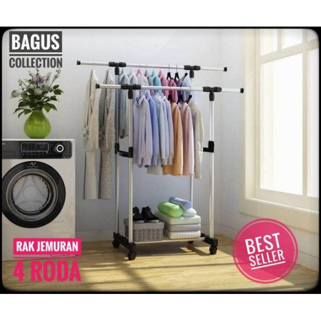 Cod Jemuran Baju Portabel Rak Handuk Pakaian Stand Hanger Dorong Gawang Ganda Double Single 4 Roda Shopee Indonesia