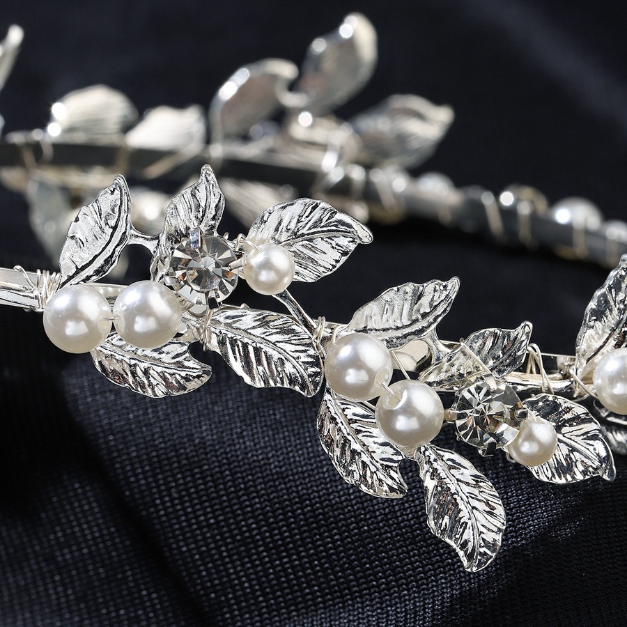 Korean Alloy Leaf Pearl Rhinestone Headband Baroque Bride Wedding Hair Band Elegant Hair Accessories