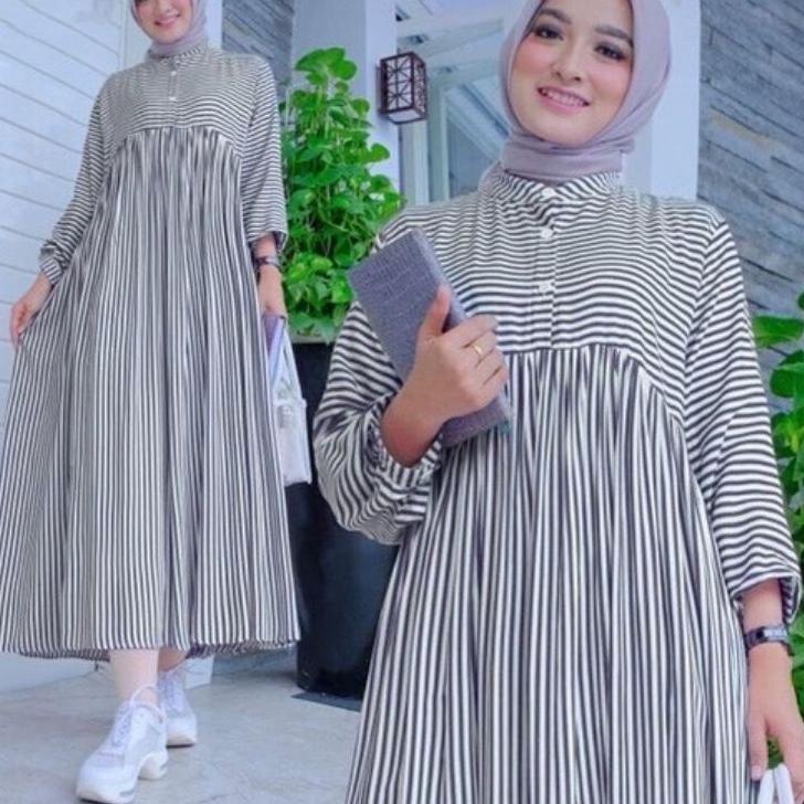 [UBR. 73697] DRESS MIDI MOTIF DRESS POLOS KATUN BAJU GANTUNG SEMI DRESS GARIS-GARIS OUTFIT STRIP WAN