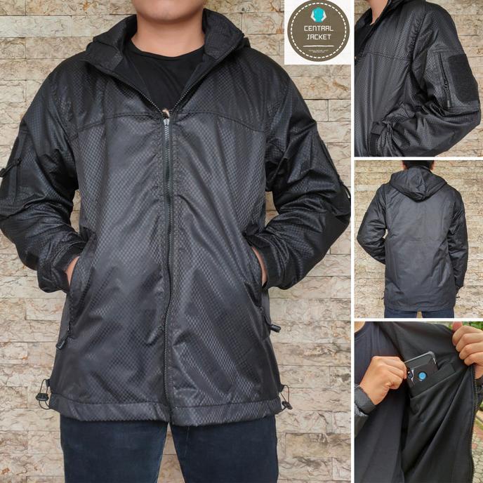 Jaket Tactical Tad Waterproof - Jaket Pria Parasut Taslan Velcro - Hitam, L