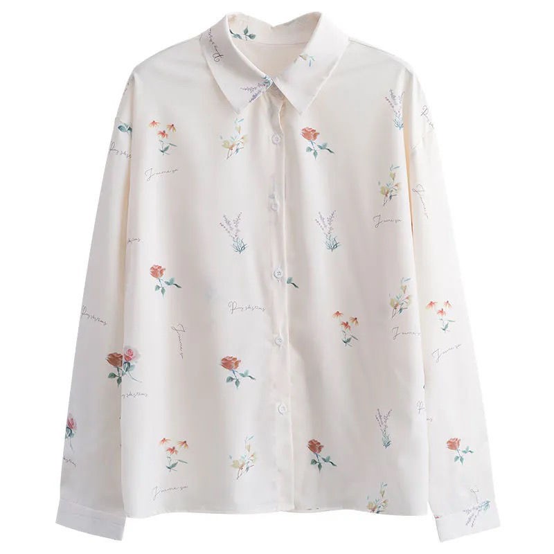 【impor】 Atasan kemeja wanita sifon lengan panjang putih POLO motif bunga formal-7