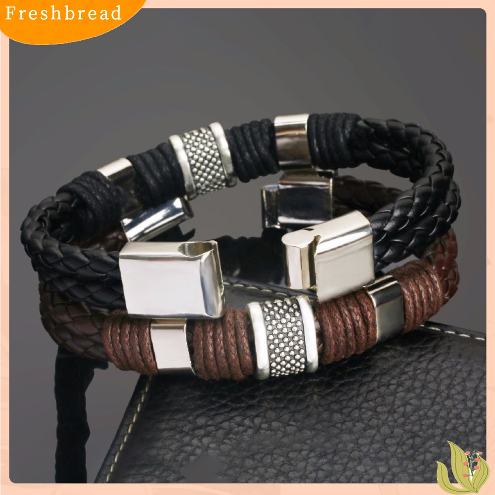 [TERLARIS]Fashion Mens Dual Layer Braided Faux Leather Magnetic Clasp Wrist Bracelet Gift