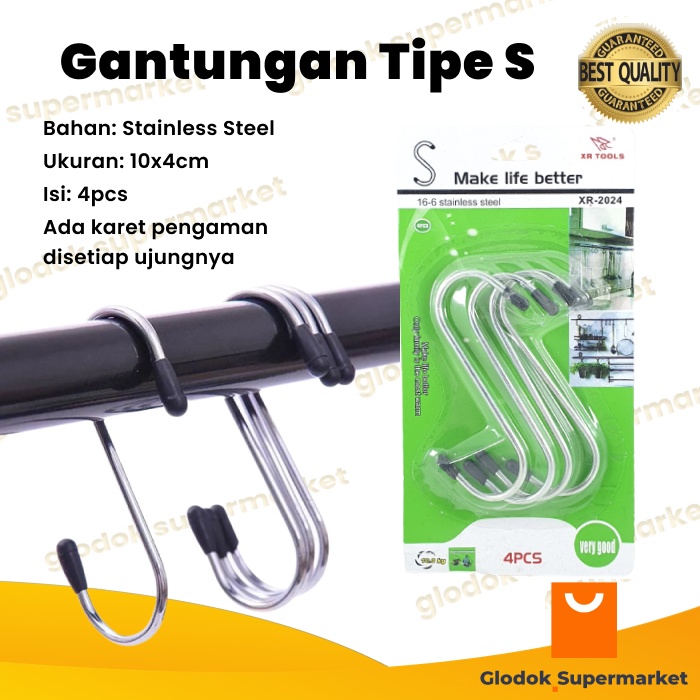 Gantungan Stainless Tipe S Isi 4 pcs Cantolan Ram Pengait Barang Besi Sling Hook XR-2024