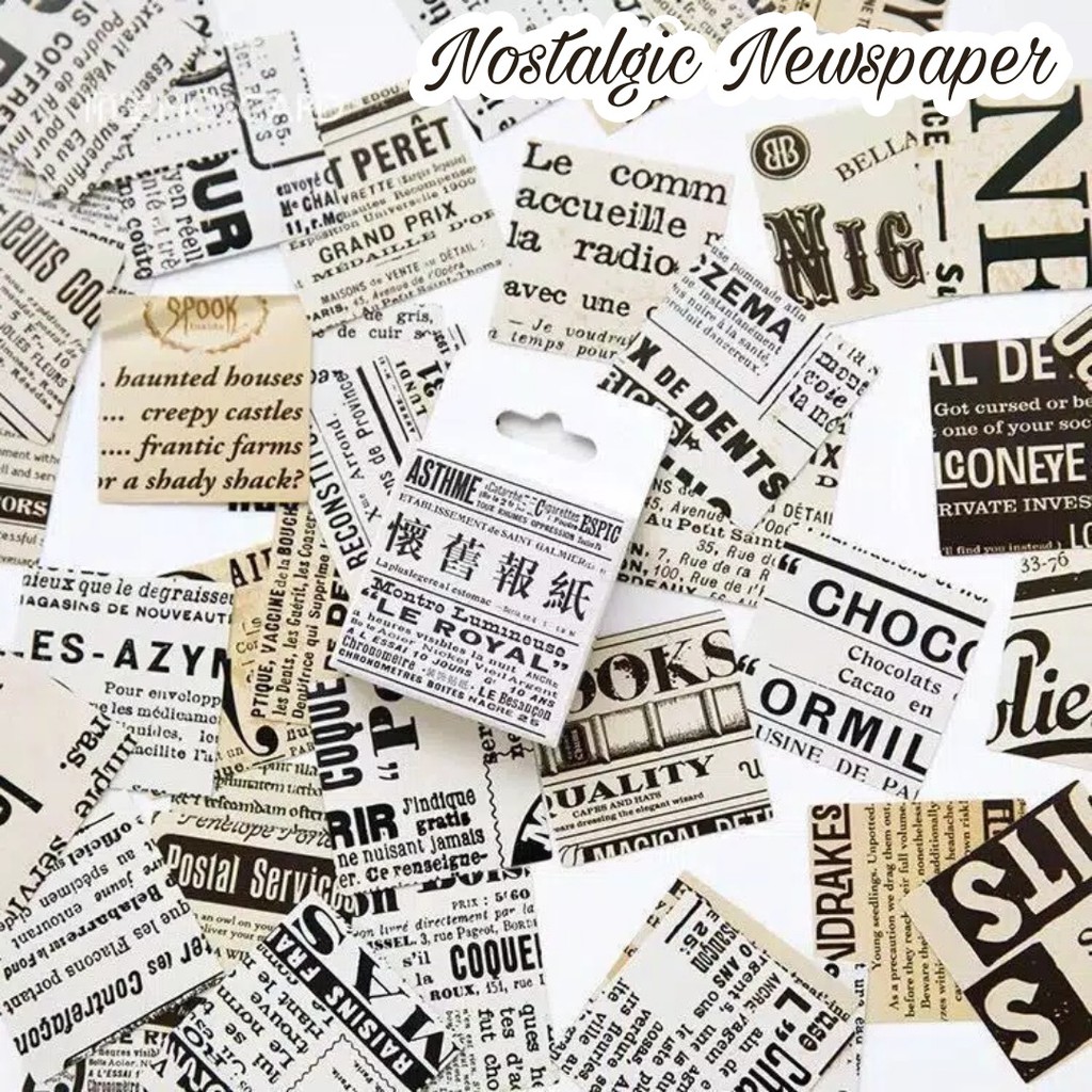 45pcs Aesthetic Stiker Box Lucu Murah Dekorasi Hias Diary/Journal/Scrapbook/DIY-Nostalgic Newspaper