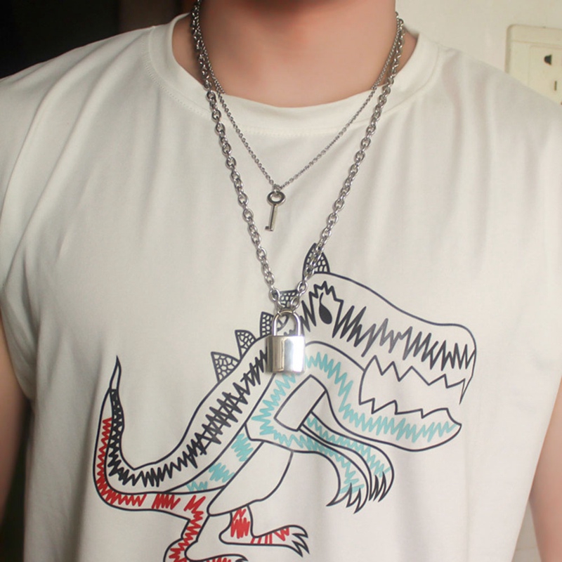 Kalung 2 Susun Gaya Punk Hiphop Rock Gothic dengan Liontin Gembok+Kunci Warna Silver