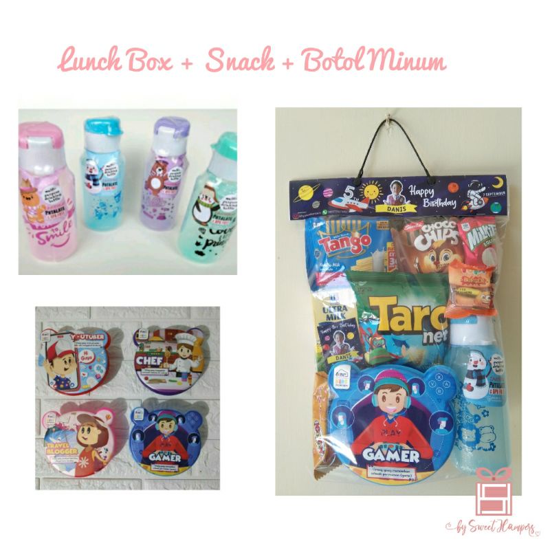 

souvenir snack ulang tahun dengan lunch box dan botol minum tumblr hampers murah semarang