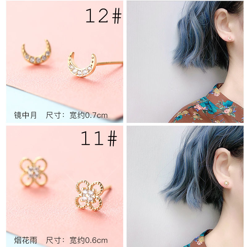 925 Perak Anting Murni Mini Kecil Bulan Bintang Zirkon Halus Anting Mahkota Kecil