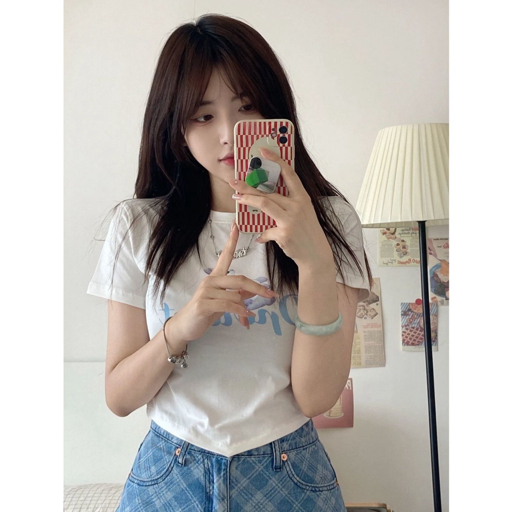 Cetak Kelinci Tidak Beraturan Lengan Pendek T-shirt Wanita Desain Rasa Musim Panas Baru Manis Gadis