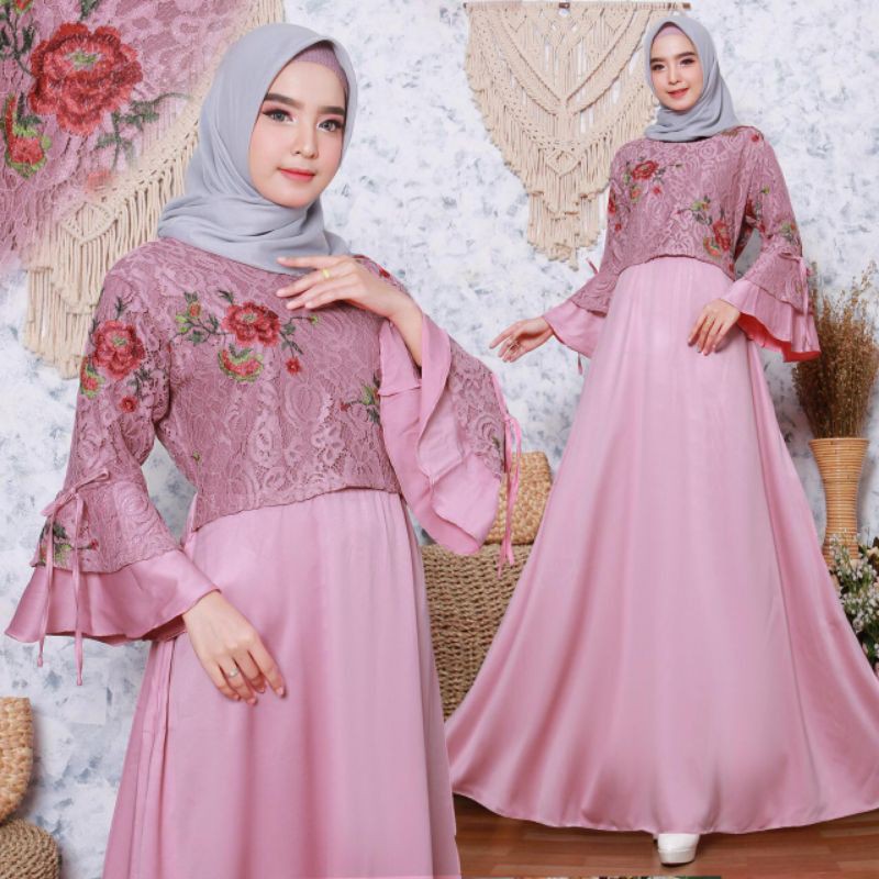 (model baru)GAMIS BROKAT BUNGA MIX SATIN POLOS