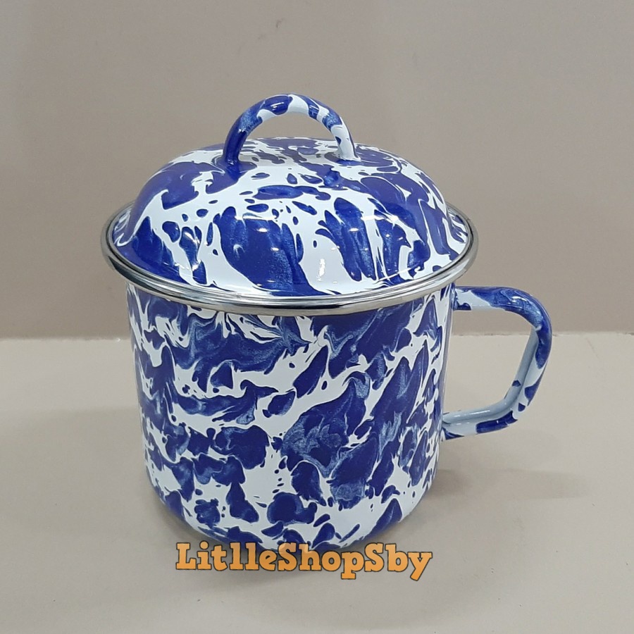 Cangkir Mug Gelas Enamel 14cm Biru Tua Blirik Loreng
